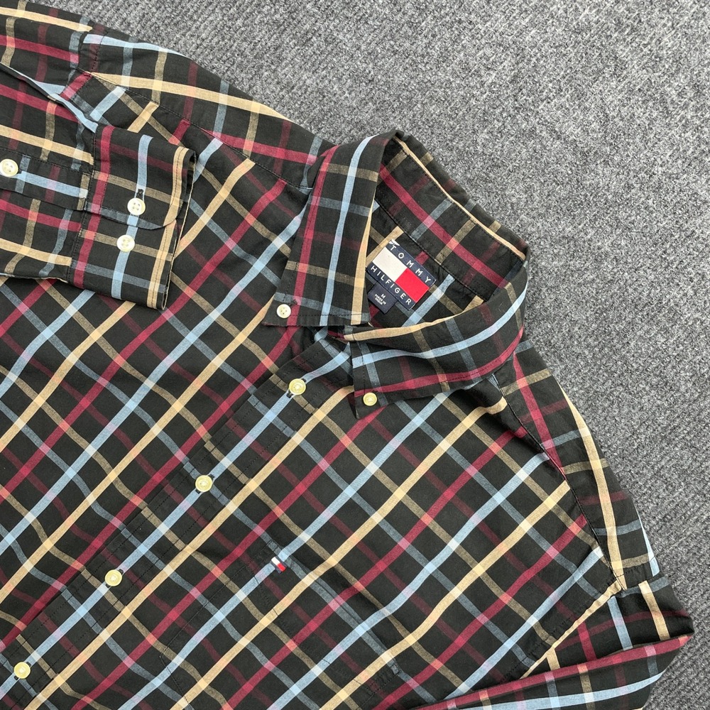 Tommy Hilfiger Plaid Button Down Shirt Mens Medium Black Red Blue Vintage Preppy